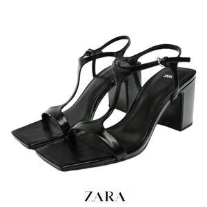 Zara Black T-Strap Square-Toe Block Heel Sandals